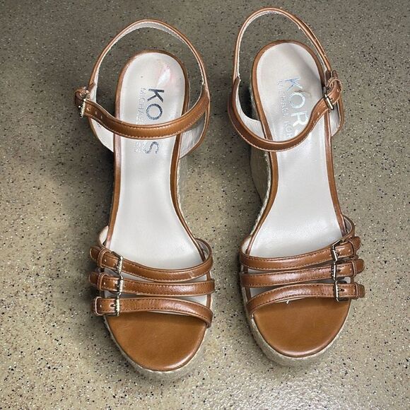 KORS Cognac Leather Jute Wrapped Platform Wedge Sandals 10 - Picture 5 of 11
